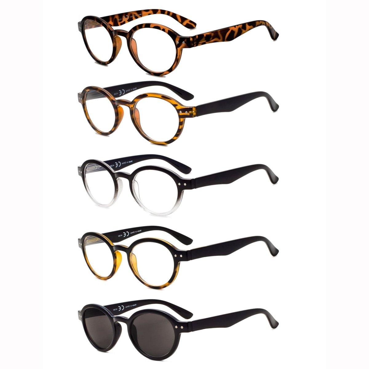 5 Pack Retro Round Reading Glasses Include Sunglasses Men 5 Pairs Mix / +3.50