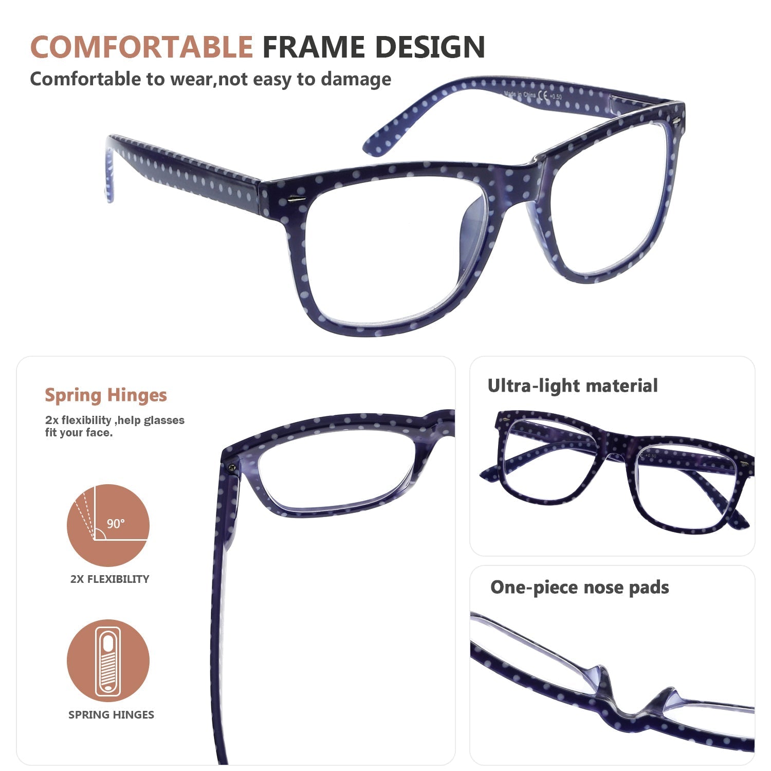 4 Pack Classic Polka Dots Reading Glasses for Women R080P