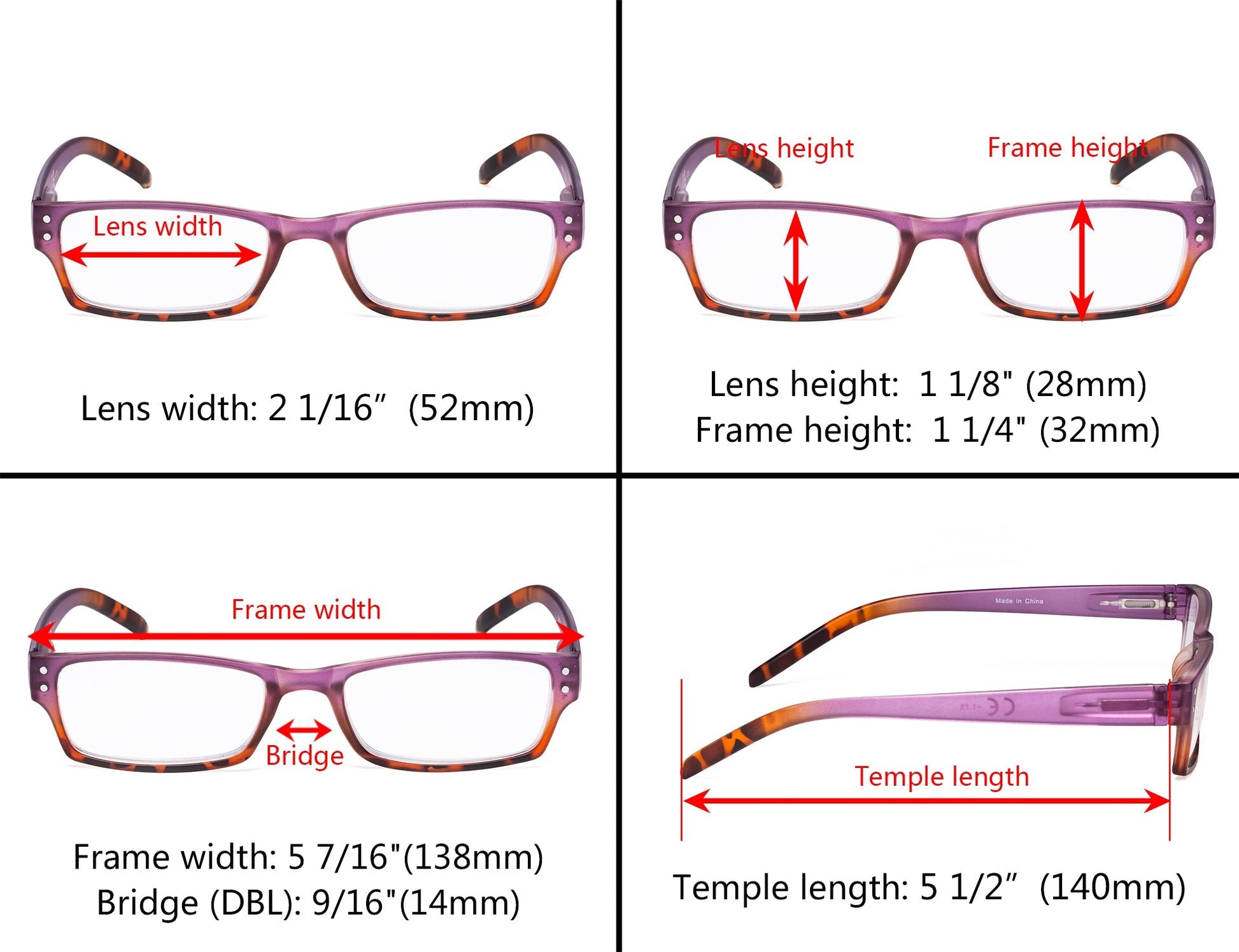 4 Pack Fashion Rectangle Reading Glasses for Women R012D
