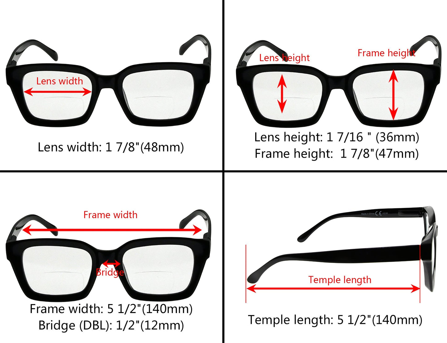 4 Pack Large Frame Square Bifocal Reading Glasses BR9106