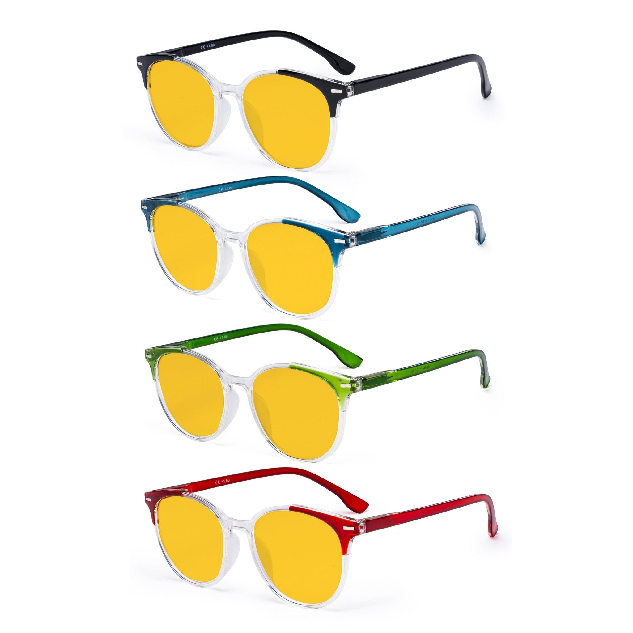 4 Pack Round Blue Light Blocking Amber Tinted Reading Glasses