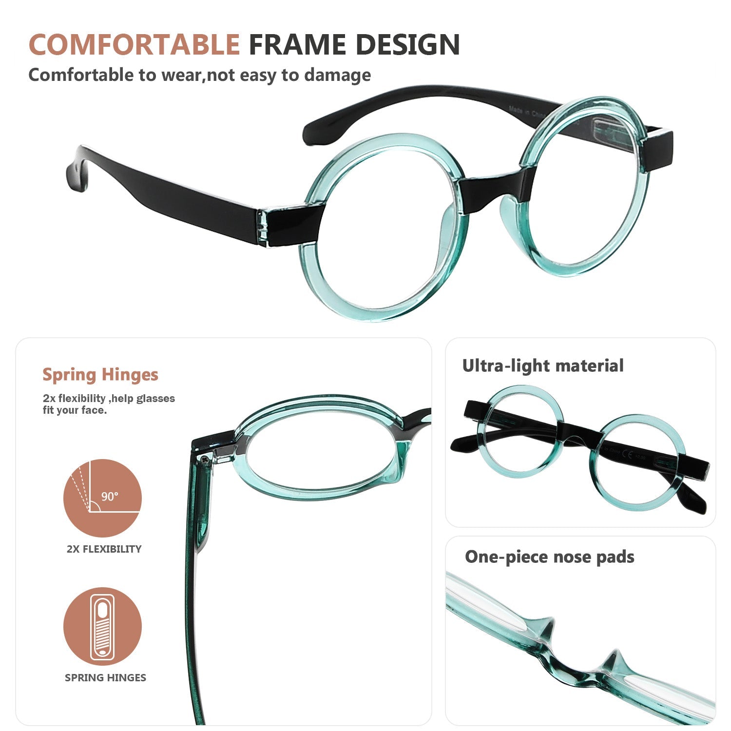4 Pack Round Retro Design Reading Glasses for Women R2007C