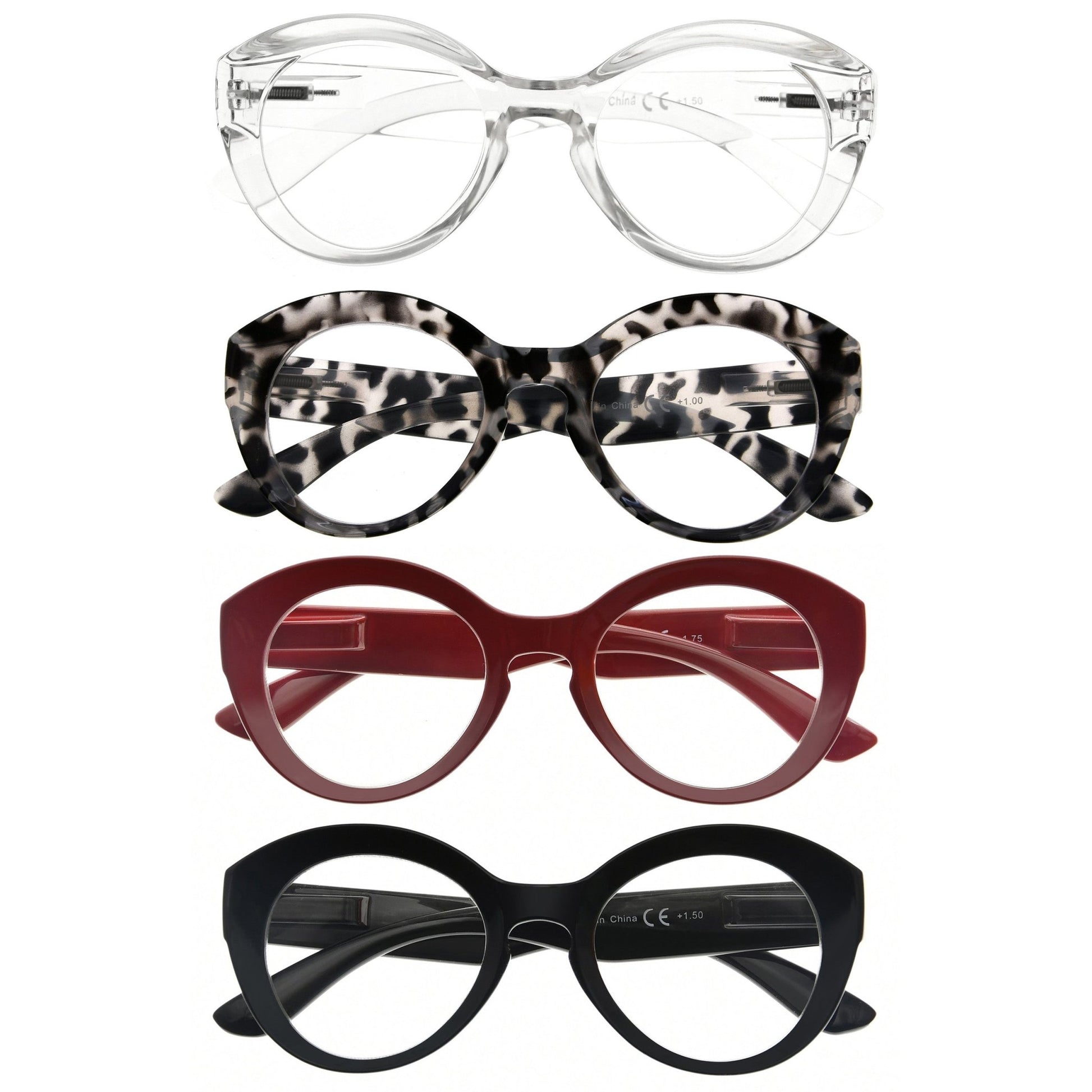 4 Pack Stylish Round Large Frame Reading Glasses Women R2004
