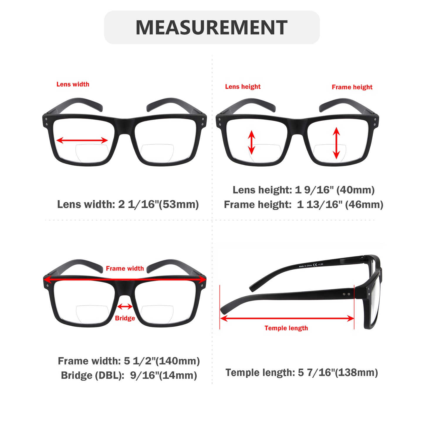 Transition Photochromic Bifocal Reading Glasses Dimension