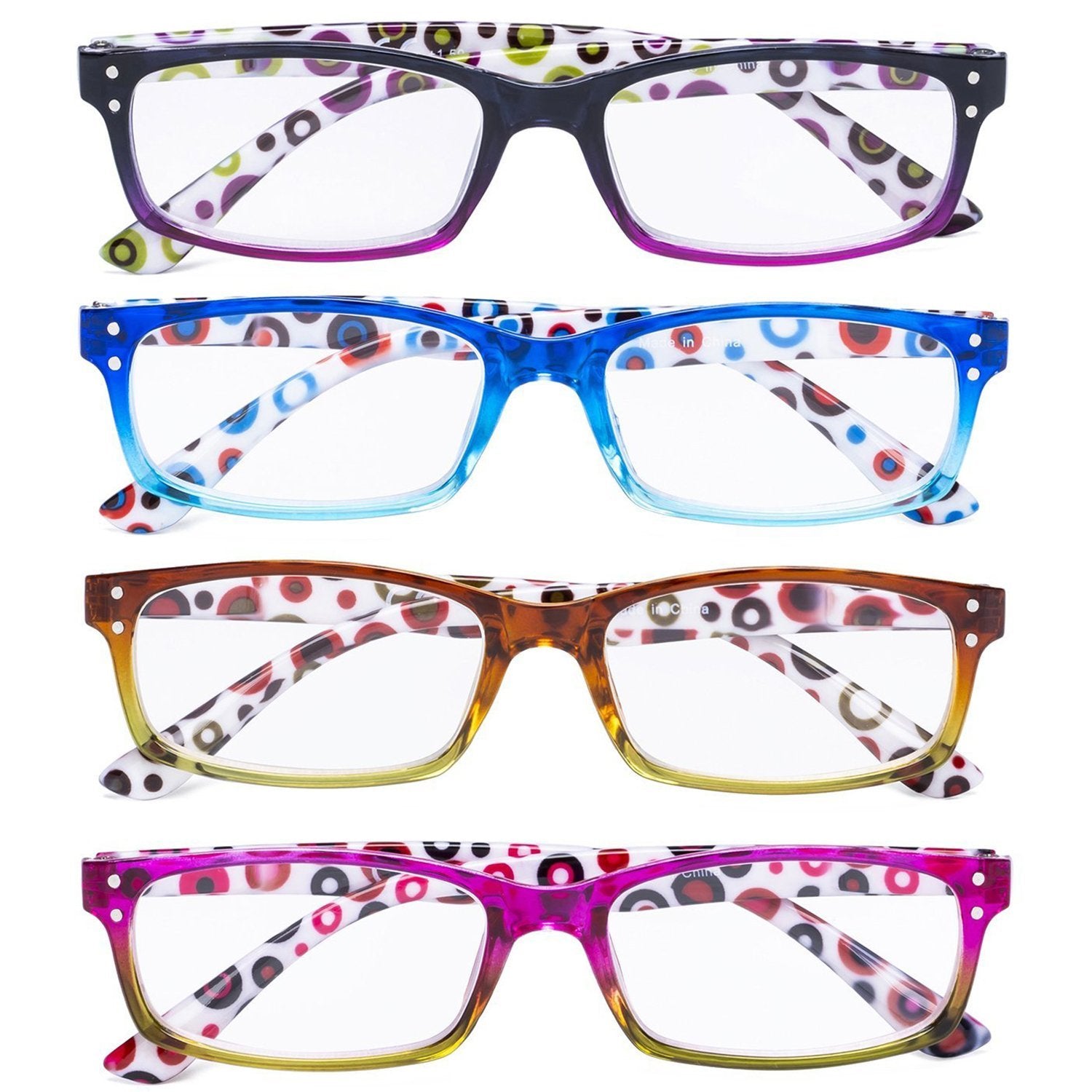 4 Pack Reading Glasses with Cute Dot Pattern Temples R103P
