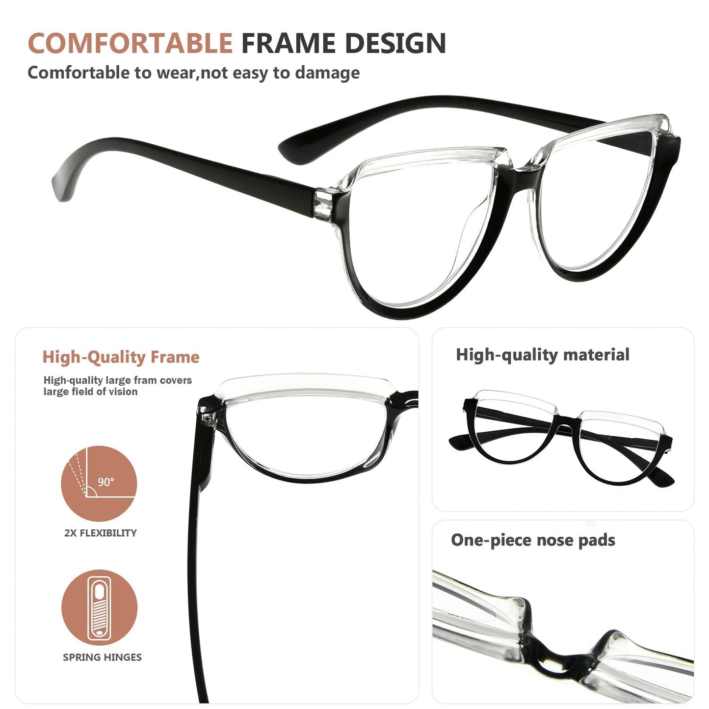 Large Frame Half Moon Design Reading Glasses for Women R2006