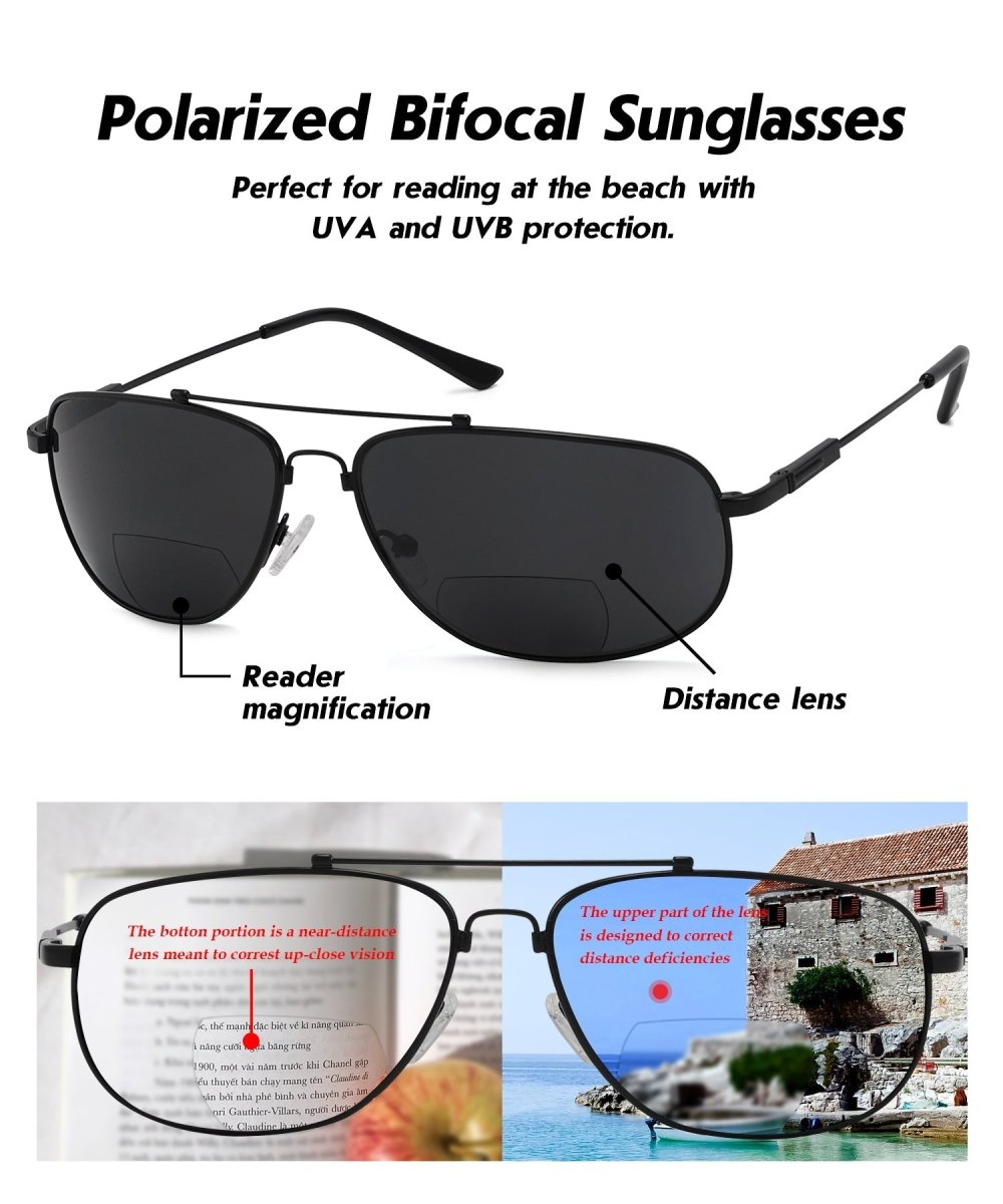 Pilot Style Metal Polarized Bifocal Sunglasses Women Men Black / +2.50